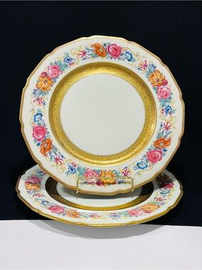 Antique T.V. Raynaud Limoges China Diner Plates Raised Gold 1890’s Set of 2